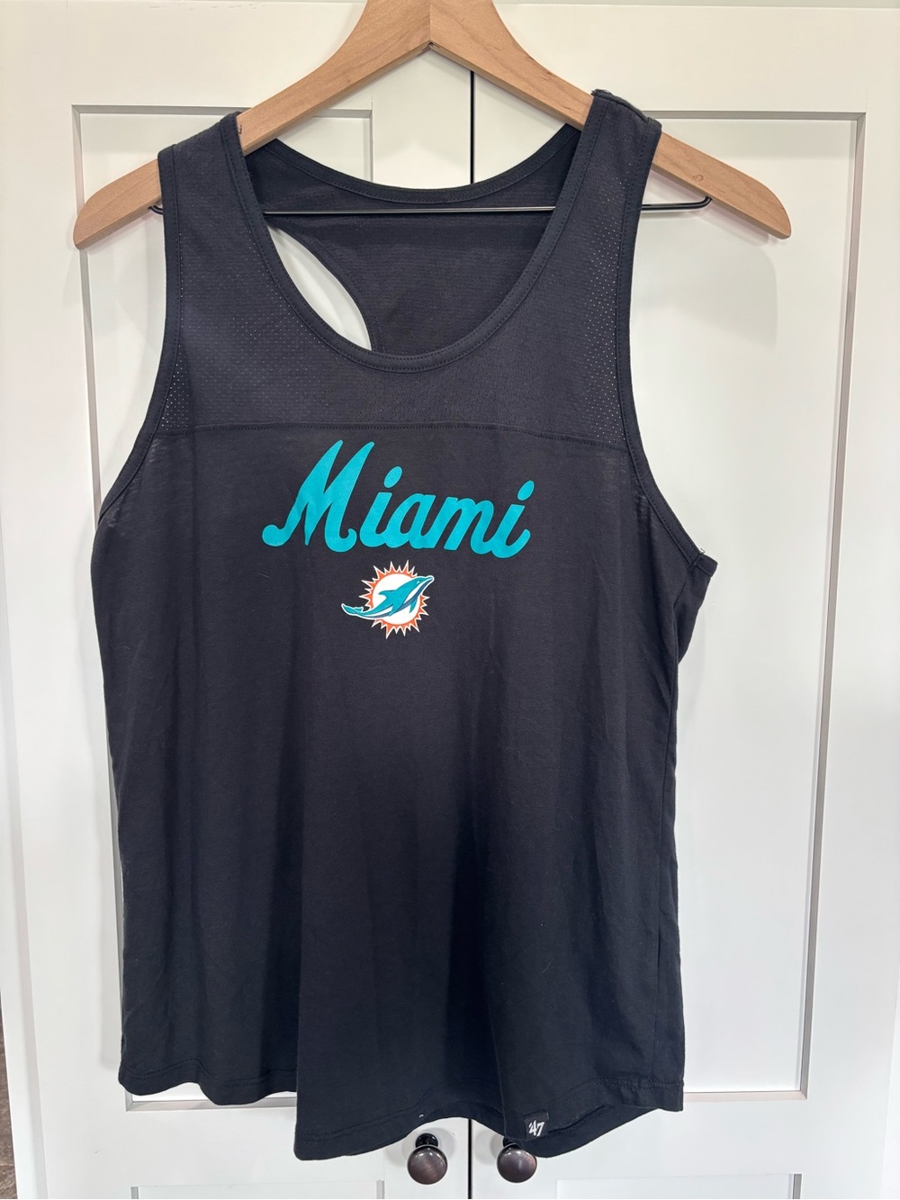 47 Brand NFL Miami Dolphins Womens Black Script Tank Top Teal Logo Large